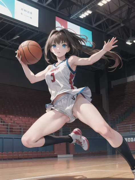 A young female basketball player performing a vivid jump shot. She holds the ball firmly in both hands, aiming for the goal with perfect form. Her slim basketball uniform accentuates her toned body, and black high socks add a stylish contrast. Her carefull...