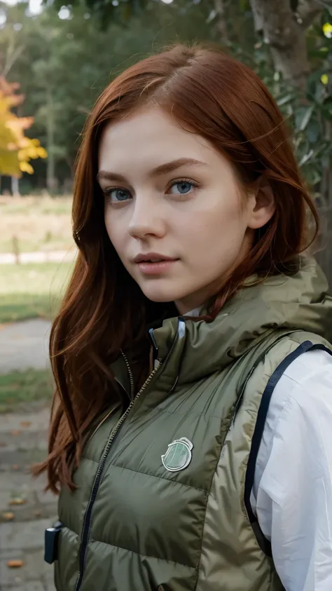 Girl White Skin, Red Hair, Blue Eyes with Olive green quilted puffer vest