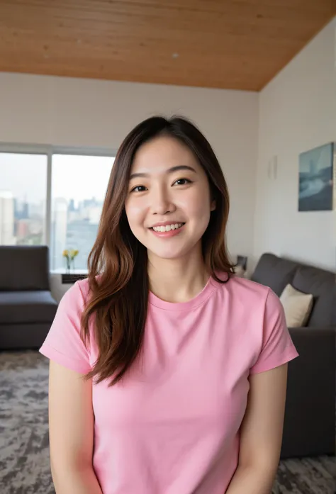 RAW photo of l4r1ss4r1qu3lm3 woman, wearing a pink tshirt, in a living room, detailed face, natural lighting, highly detailed, absurdres, smile happy,  sitting on sOfa
