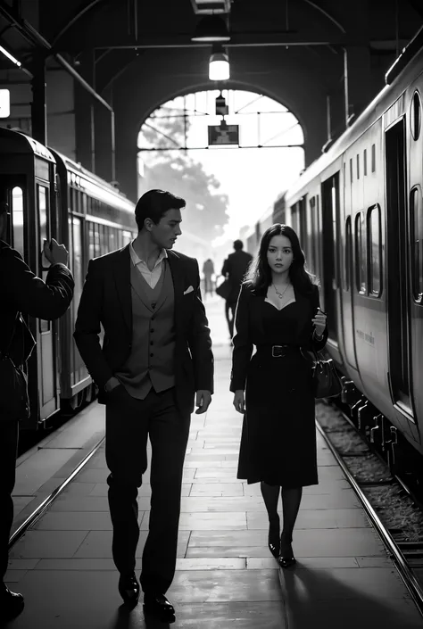 (( Monochrome 、 a scene from a 1950s movie、 Photorealistic 、Realistic painting 、masterpiece))、( Europe、Terminal、terminal、Steam locomotive、 platform 、train、evening、tall young men and women、Farewell、Life、trainの横を歩く二人)