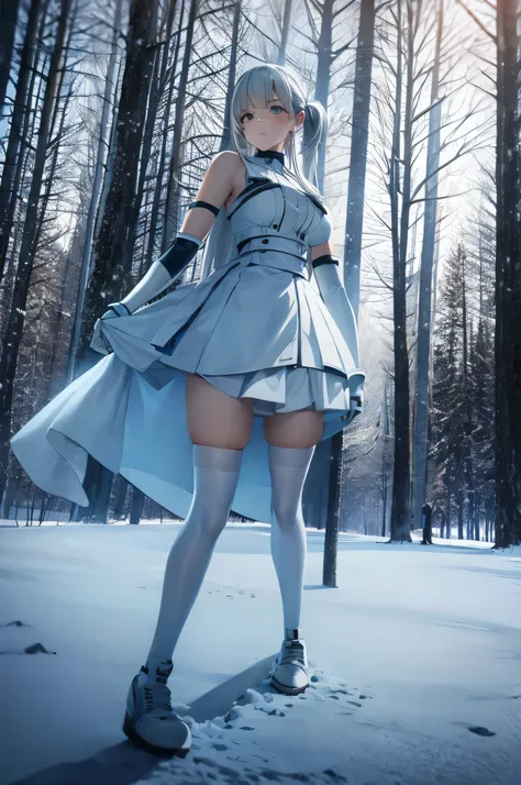 girl wearing white stockings and skirt, forest in the background, epic, serious, attractive, making a hot pose, elbow gloves, snow