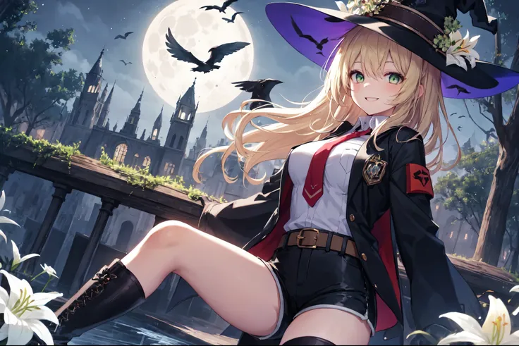 best quality, integrated scenery, integrated background, extremely delicate and beautiful, meticulous details, good composition, , cute face, perfect face, perfect hands,masterpiece, best quality, witch hat, black gloves, thighhighs, looking at viewer, smi...