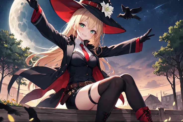 best quality, integrated scenery, integrated background, extremely delicate and beautiful, meticulous details, good composition, , cute face, perfect face, perfect hands,masterpiece, best quality, witch hat, black gloves, thighhighs, looking at viewer, smi...