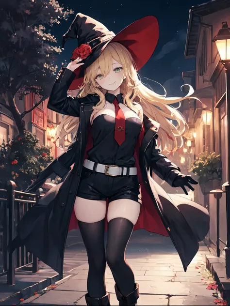 best quality, integrated scenery, integrated background, extremely delicate and beautiful, meticulous details, good composition, , cute face, perfect face, perfect hands,masterpiece, best quality, witch hat, black gloves, thighhighs, looking at viewer, smi...