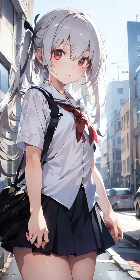  1 girl,  beautiful detailed eyes, Long white hair, Pale red eyes,  school uniform,  white high socks,  Shiny Skin , city,   knight ,  high contrast, ((masterpiece,  top quality ))