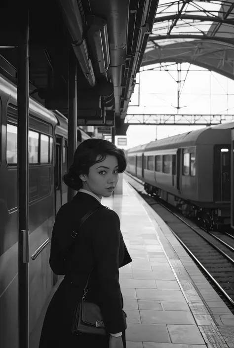 (( Monochrome 、 a scene from a 1950s movie))、( Europe、Terminal、terminal、Steam locomotive、 platform 、train、evening、Young Woman、Farewell、Life、trainに乗り込む女性)