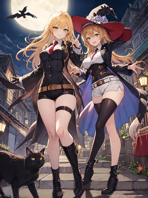 best quality, integrated scenery, integrated background, extremely delicate and beautiful, meticulous details, good composition, , cute face, perfect face, perfect hands,masterpiece, best quality, witch hat, black gloves, thighhighs, looking at viewer, smi...