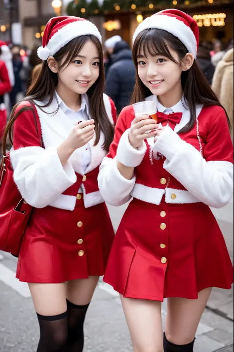 Twin girls (20 years old, Japanese pretty face) are wearing Santa Claus uniform with mini skirt at town on Christmas in Winter.