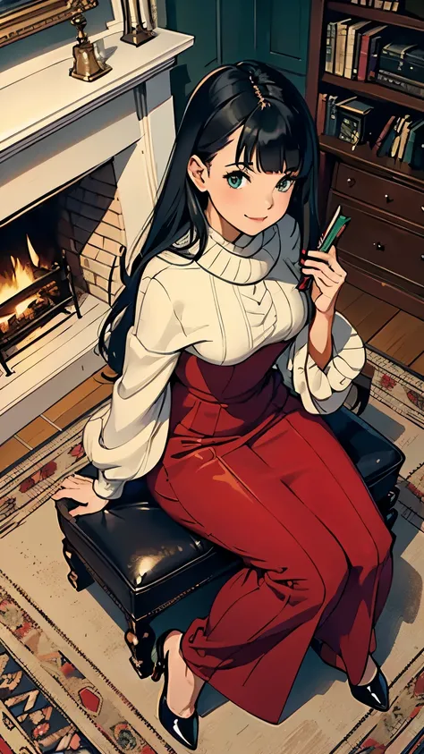    ((masterpiece, high resolution, better quality, better details)), ((Smiling)), ((one girl)) a girl sitting on a plush carpet in a cozy home library, full body, wearing a long, soft knit sweater dress, ((long dress without openings)), ((Louboutin high he...