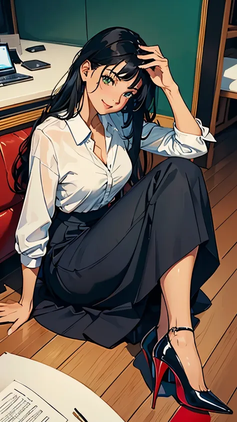    ((masterpiece, high resolution, better quality, better details)), ((Smiling)), ((one girl)) a girl sitting in a spacious office lounge, full body, wearing a long, maxi skirt, ((long skirt without openings)), ((Louboutin high heels)), green eyes, ((black...