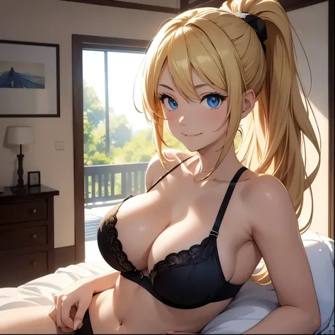 (masterpiece), anime, one young girl, realistic skin, smile, blonde hair, ponytail, blue eyes, on the bed, just now awake, black bra, big breast, sun, real photo, Reflectors, 8K masterpiece, best quality, best ditails, closed up