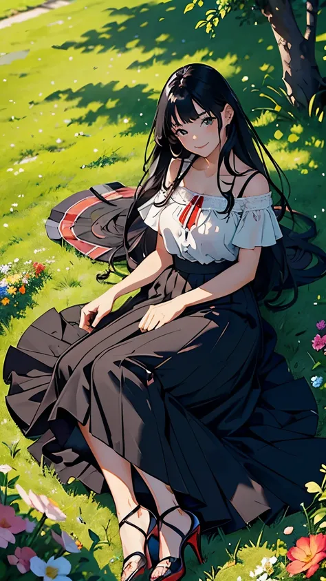    ((masterpiece, high resolution, better quality, better details)), ((Smiling)), ((one girl)) a girl lying on a picnic blanket in a sunny park, full body, wearing a long, flowing summer maxi skirt, ((long skirt without openings)), ((Louboutin high heels))...