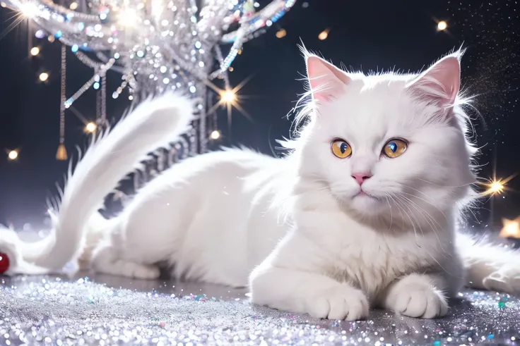  frame position ，white haired cat ，Seven sparkling glitter，4k art，Look at the sexy shot with black ，Only cats，綺麗なwhite haired cat ， is a picture that uses plenty of glitter，Beautiful cat， cute cat，