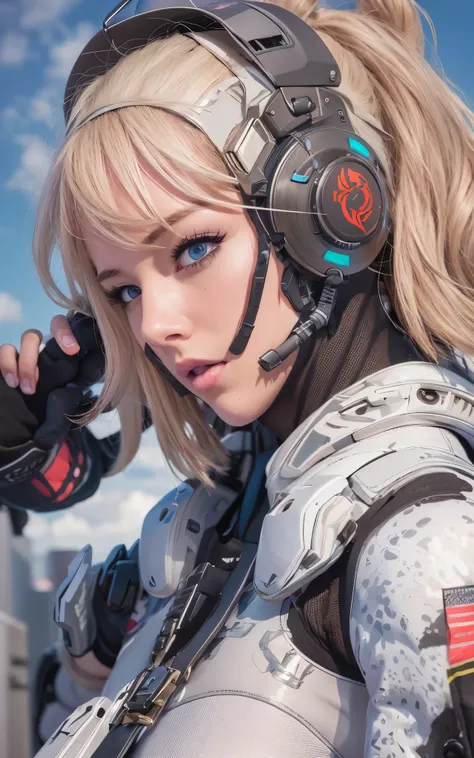 ((Best Quality)), ((masutepiece)), (Detailed: 1.4), (Absurd), Caucasian female fighter pilot ready for war, front walking, muscular sculptural body defined, Closed mouth, muscular body covered by technological clothing, Cyberpunk, ((perfect large breasts))...