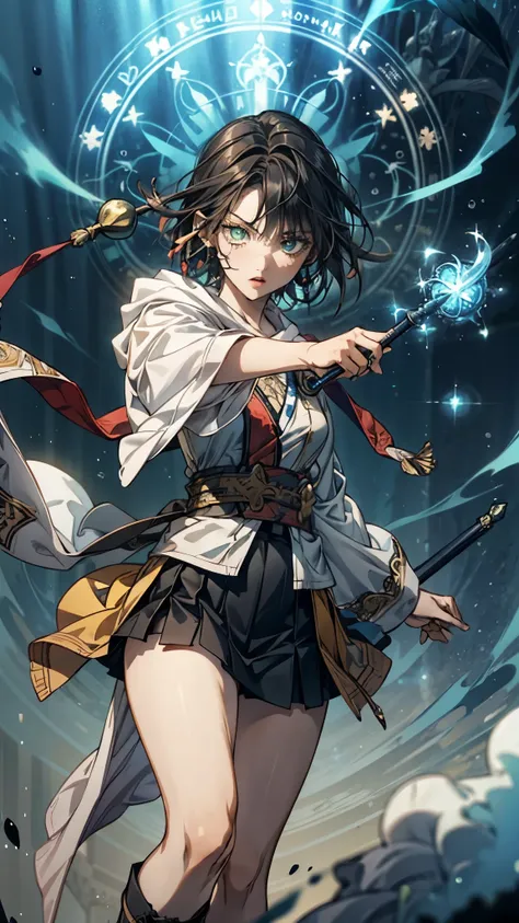 top quality , high definition ,rpg character,Priest, Elegant look, cold eyes, black hair, short hair, 1 girl, Solemn, red eyeliner , black skirt with length, bangs, Thighs, Wizard-like Clothes , Pretty Bright Blue Clothes with Yellow Lines, Ornam...