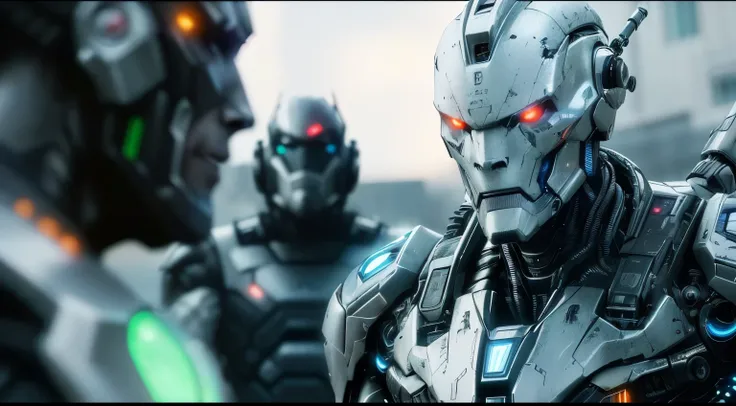 a close up of a robot with glowing eyes and a man in a suit, sci-fi cinematic movie still, depicted as a scifi scene, from a 2 0 1 9 sci fi 8 k movie, movie still of a alien cyborg, octane render sci - fi, epic scifi movie still, movie still of a cool cybo...