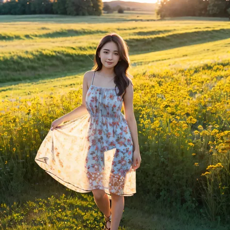 1 girl, age 22, full body pose, wearing floral pattern see-through sundress, standing in the meadow at golden hour