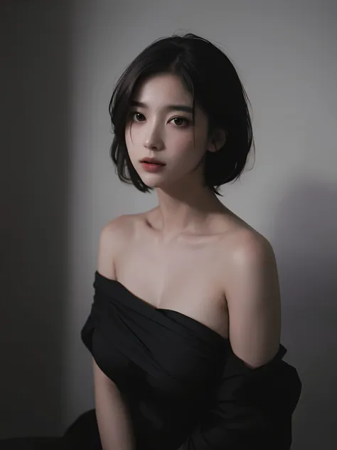 Best quality, masterpiece, ultra high res, (photorealistic:1.5), raw photo, 1girl, offshoulder, in the dark, deep shadow, low key, cold light, sexy look, short hair