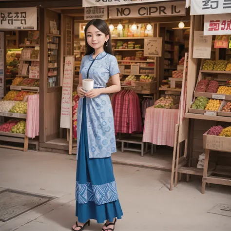 Create an image of a beautiful Myanmar young woman with a lovely smiling face, wearing a patterned shirt and a skirt with modern designs. The background should include elements of a market or street with various items on display and another individual in t...