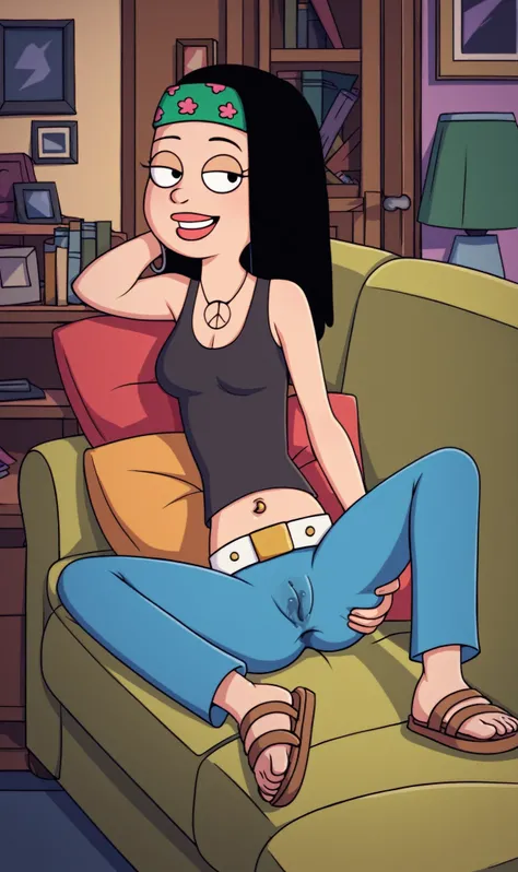 score_9_up,score_8_up,score_6,score_5,score_4, hayley, 1girl, black hair, long hair, solo, necklace, jewelry, tank top, headband, midriff, pants, sandals, belt, navel piercing, smile, full body, toon (style), sitting on sofa, living room, sexy, spread legs...