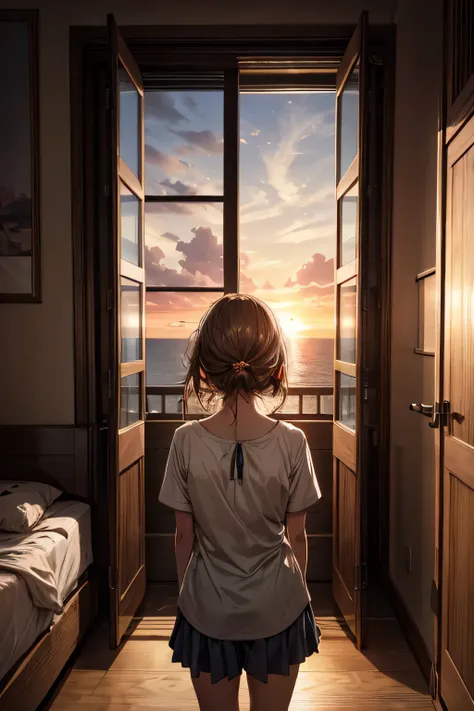 A girl watching the sunset in her room。 back view、Slightly bowed