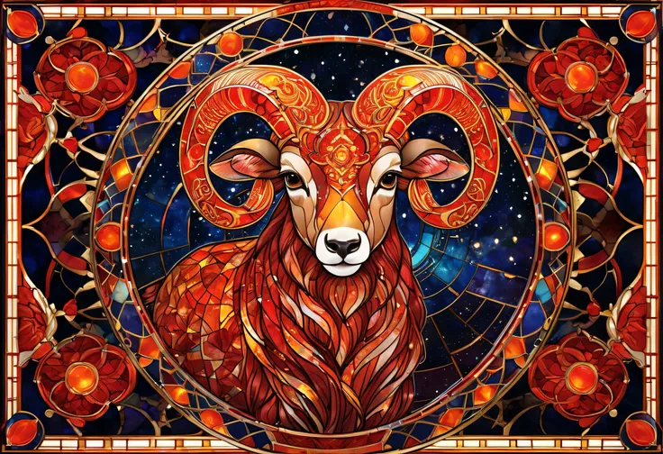  depicts a dynamic and powerful Aries in stained glass art style。Hall々 The 。 design is framed with fiery red and orange geometric patterns and 、光に照らされたように輝く。 shines as if illuminated by light, a mysterious starry sky spreads out in the background, the moti...