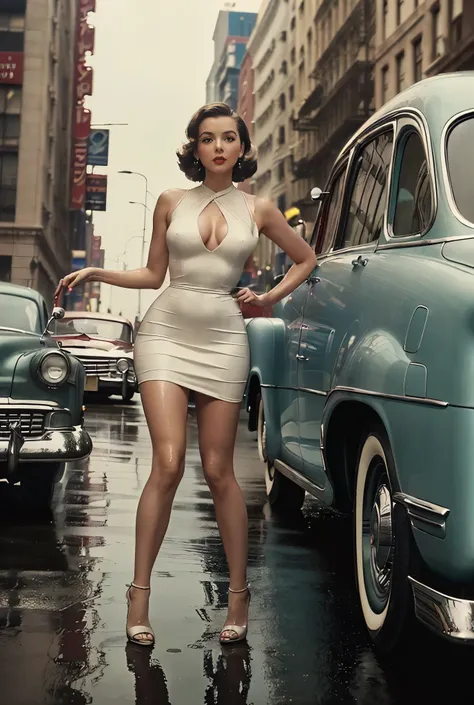 (( a scene from a 1950s movie、Faded color photograph、 draw realistically accurately with all detailed details))、( New York streets 、Wet road surface、Pose leaning against the car 、Cadillac、tall young beautiful woman、Cars from the 1950s、evening、Farewell、 Tig...