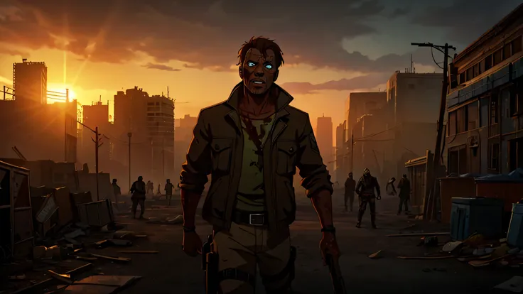 Man in a post-apocalyptic setting surrounded by zombies