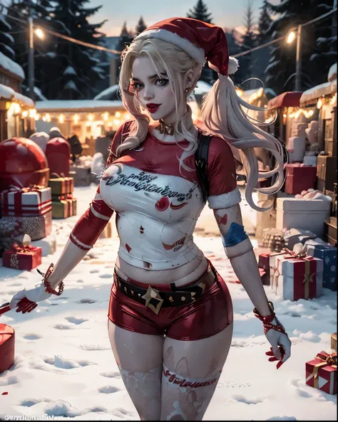 Harley Quinn wearing a sexy short and tight red dress with white embroidery, (with a Santa Claus hat), long legs, standing on a snow forest with Christmas lights, white pale skin, beautiful face, perfect body, big red lips, snow forest with Christmas light...