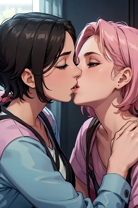 2girls:1.9, two lesbian girls kissing, yuri, yuri kiss, intertwined tongues, exchanging drool, shoulders and neck, sweaty, hot embrace, stringy drool, nurse, pink nurse uniform, empty hospital room, hidden, girls ging each other, face to face, wide s hot, ...