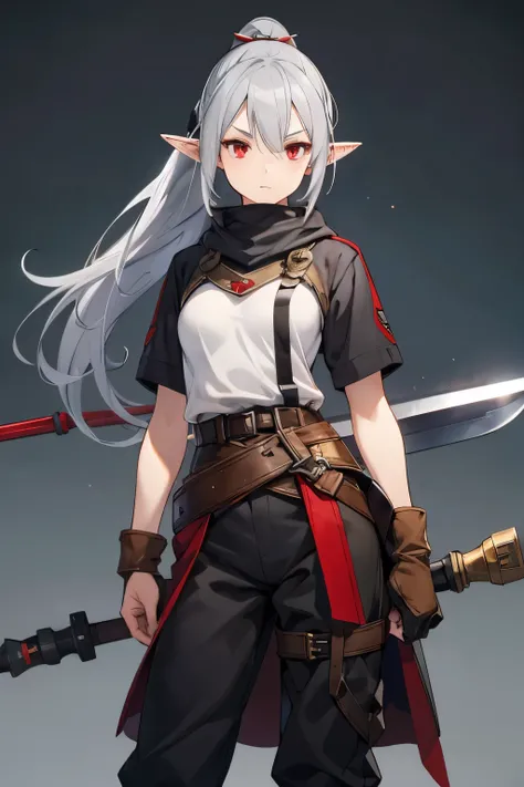 Grey Hair、female、One character、 Military 、 goggles on head、pants、 ponytail、 small tits、 holding a long spear is hiding its mouth with a muffler、 random expression、He is tall, red eyes、war hammer、 elf ears、belt, private clothes,No Weapon、Short sleeve