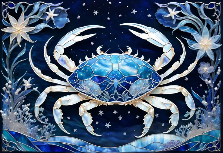 The constellation Cancer is depicted in stained glass 。 A large crab covered in shining star dust 、 it emerges illuminated by moonlight from the ocean waves。 The pattern on the glass has a delicate blue and silver color scheme 、 creates a tranquil and myst...