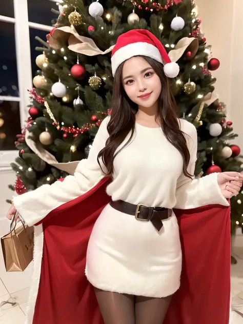 (((masterpiece))), (((  top quality: 1.4))), ((   super detailed : 1.4)) ,  movie lights,  Fascinating Beauty 、Stunning beautiful girl  、  ( Santa costume   、  Santa Dress、  Relaxed,  fluffy white knit dress :1.3,  Super Real Pantyhose  :1.3) 、   cheerful ...