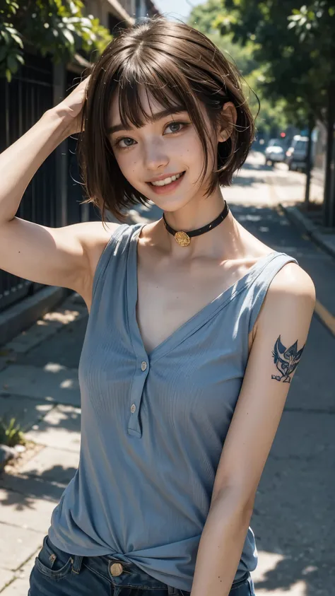  1 girl,  shows teeth and laughs , flash,Short bob hair with straight bangs, Freckles, Arm tattoo, plain blue collared shirt,  choker ,  natural light,  selfie,String tie:1.2