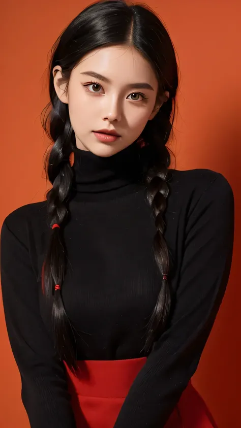 21-year-old girl,  black flowing hair,  stands confidently in front of a bright red background. A professional woman wearing a red turtleneck sweater ，,Big red bow on the head ，Double braids， A-line dress with ， in soft tones poses for a photo，Put on a nic...