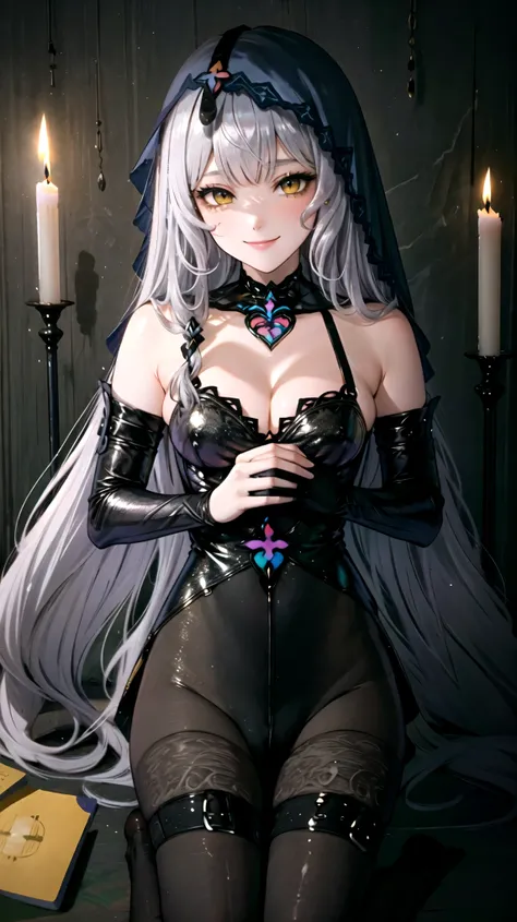 ((Masterpiece, Ultra HD, 8K Quality)), one Woman, Beautiful Face and body, Platinum silver long hair, long bangs, Deep shiny yellow eyes, highlights on eyes,　Very long eyelashes, very large breasts, Cleavage, a slim waist, curvy hips, (((black swan))), vei...