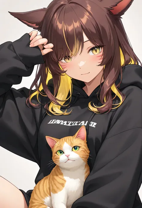 masterpiece,1girl, colored inner hair Brown hair Yellow hair, cat_ears, Black oversized hoodie,  インナースポーツブラ , Hair on one eye, Long hair tips, Miqote