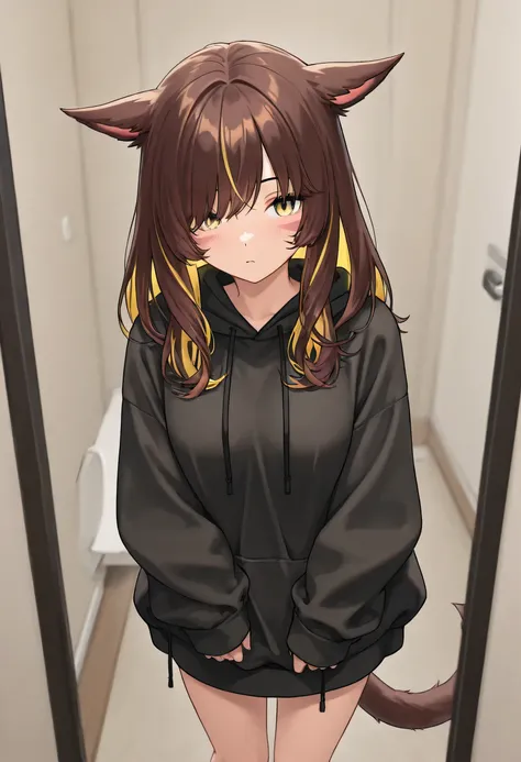 masterpiece,1girl, colored inner hair Brown hair Yellow hair, cat_ears, Black oversized hoodie,  インナースポーツブラ , Hair on one eye, Long hair tips, Miqote