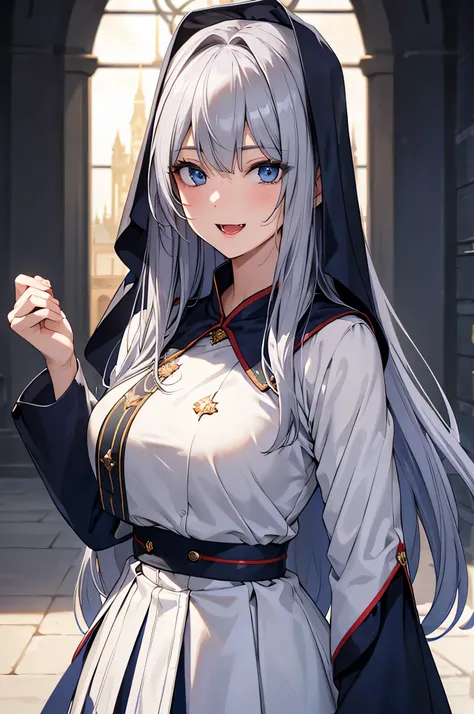 8k resolution,(( top quality )), super high res,Adult female, Alone,  sexy, ( gentle smile), ( blue eyes),  beautiful symmetrical face , (long silvery curled hair),Priests ceremonial dress,Skirt with slit, realistic :1.4, realistic :1.4,(  Masterpiece  :1....