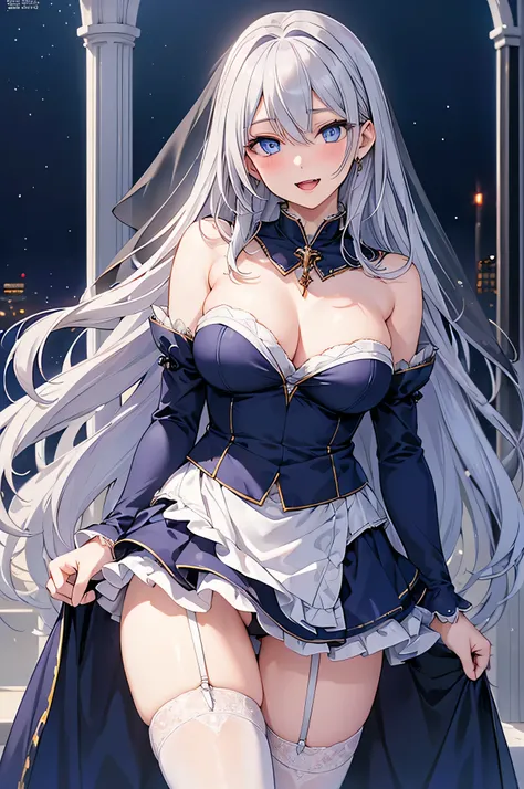 8k resolution,(( top quality )), super high res,Adult female, Alone,  sexy, ( gentle smile), ( blue eyes),  beautiful symmetrical face , (long silvery curled hair),Priests ceremonial dress,Skirt with slit, realistic :1.4, realistic :1.4,(  Masterpiece  :1....