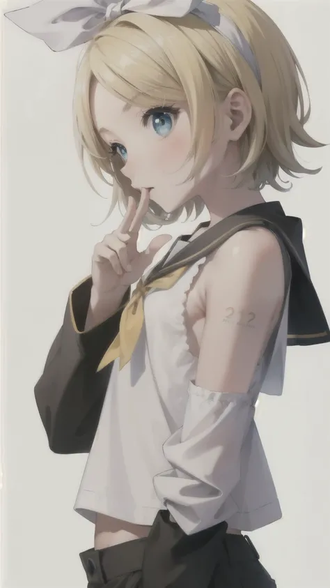 masterpiece,  top quality ,  absurd,  perfect anatomy,  1 girl, Alone, Kagamine Rin,  short hair,  hair bow,  bow,  white shirt, Separate sleeves,   sailor color,   close,  from side, white background 