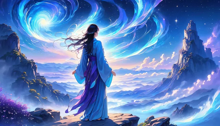  Back view of a wise and kind woman in costume standing on a cliff,  surrounded by cosmic energy ， surrounded by a fantastic misty landscape {x}。 The characters are wrapped in a flowing robe .， blends with the flow of heaven and earth 。 The sky is a deep p...