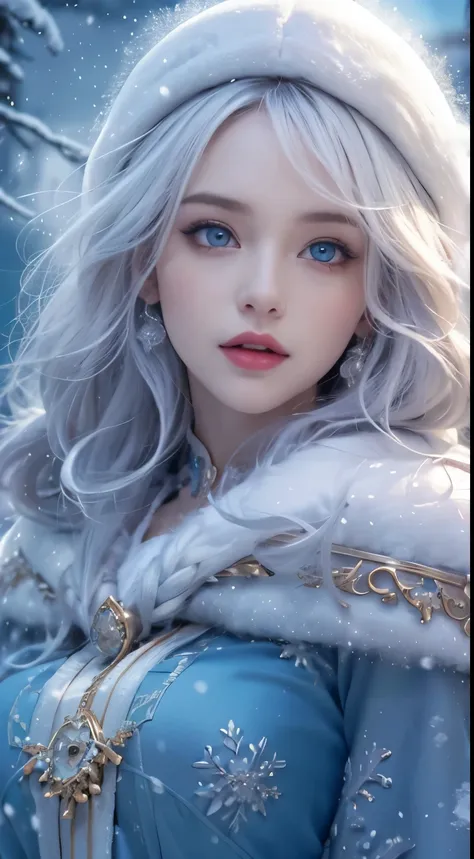 Photorealistic, high resolution, 1 Women, Solo, (Lolita costume),Gorgeous costumes,Face the audience,The upper part of the body,upper legs, beautidful eyes, White hair, ringed eyes, (outside,Heavy snowfall,Cloak,Cover with snow),snowfield,Blue eyes,Illustr...