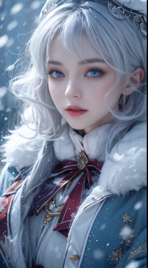 Photorealistic, high resolution, 1 Women, Solo, (Lolita costume),Gorgeous costumes,Face the audience,The upper part of the body,upper legs, beautidful eyes, White hair, ringed eyes, (outside,Heavy snowfall,Cloak,Cover with snow),snowfield,Blue eyes,Illustr...