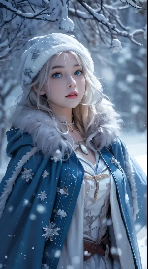 Photorealistic, high resolution, 1 Women, Solo, (Lolita costume),Gorgeous costumes,Face the audience,The upper part of the body,upper legs, beautidful eyes, White hair, ringed eyes, (outside,Heavy snowfall,Cloak,Cover with snow),snowfield,Blue eyes,Illustr...