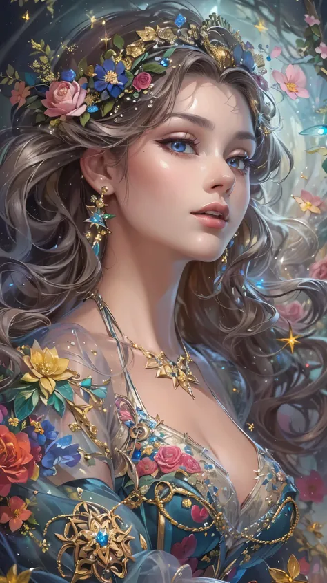 (( top quality )),( super high res),( super detailed ),( detailed description ),(( best CG )),( Best Artwork ), Ultra Precision Art, amazing painting art,(Exquisite art:1.5),  Mysterious Lady , Sparkling floral corset dress woven with rainbows and stars, E...