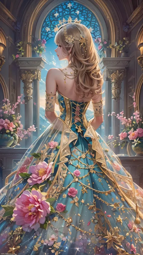 (( top quality )),( super high res),( super detailed ),( detailed description ),(( best CG )),( Best Artwork ), Ultra Precision Art, amazing painting art,(Exquisite art:1.5),  Mysterious Lady , Sparkling floral corset dress woven with rainbows and stars, E...