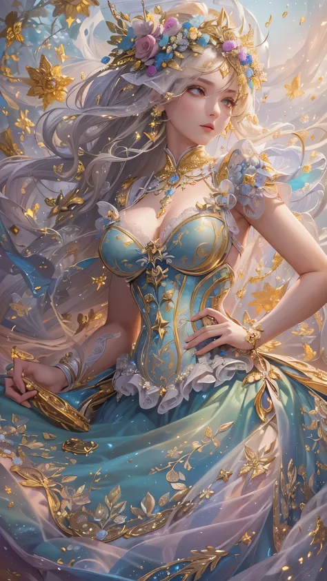 (( top quality )),( super high res),( super detailed ),( detailed description ),(( best CG )),( Best Artwork ), Ultra Precision Art, amazing painting art,(Exquisite art:1.5),  Mysterious Lady , Sparkling floral corset dress woven with rainbows and stars, E...