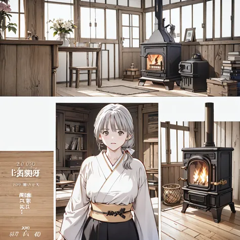 ((8k、 realistic 、 RAW photos 、 top quality : 1.3)、(real skin), beautiful expression、 super high res、soft girl、 (((School stoves、Wood stove )))、(((hanging scroll)))、(((whole body ))) ,Curvy , beautiful detailed face,( One Girl ,長い Silver Hair, ponyt...