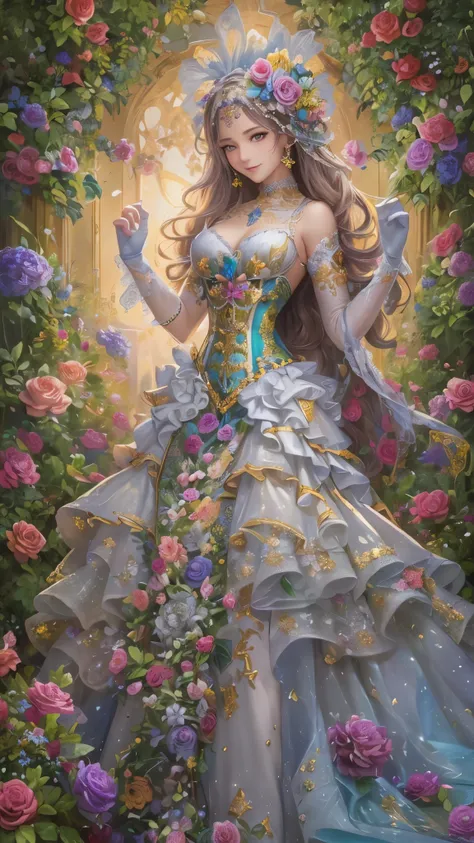 (( top quality )),( super high res),( super detailed ),( detailed description ),(( best CG )),( Best Artwork ), Ultra Precision Art, amazing painting art,(Exquisite art:1.5),  Mysterious Lady , smile, Sparkling floral corset dress woven with rainbows and s...